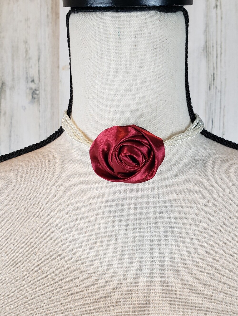 Burgundy Satin Rose Pearl Choker Necklace